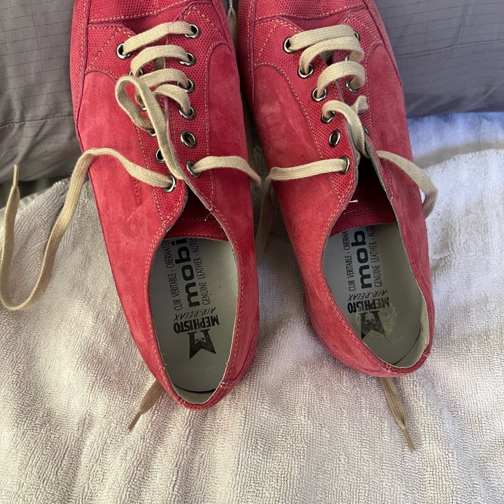 Mephisto Mobils  Red Suede Lace-Up Sneakers with Cream Laces